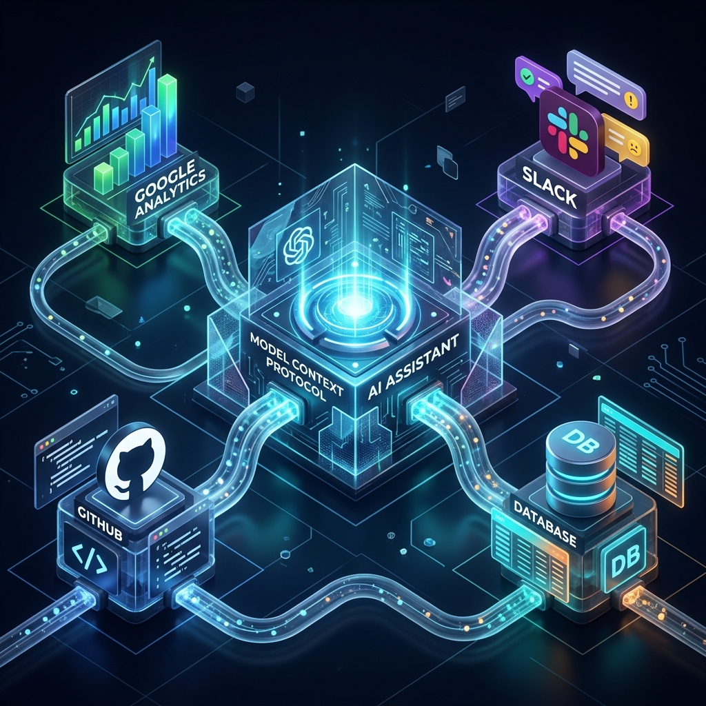 Ilustração conceitual do Model Context Protocol — Conectando IA a ferramentas